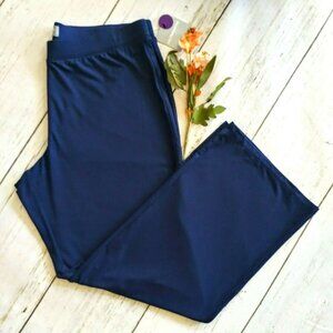 Liz Claiborne Studio Navy Stretch Knit Pants L High Rise Wide Straight Leg